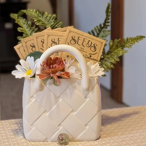 White Ceramic Purse Planter Seed Arrangement - Picture 1 of 4